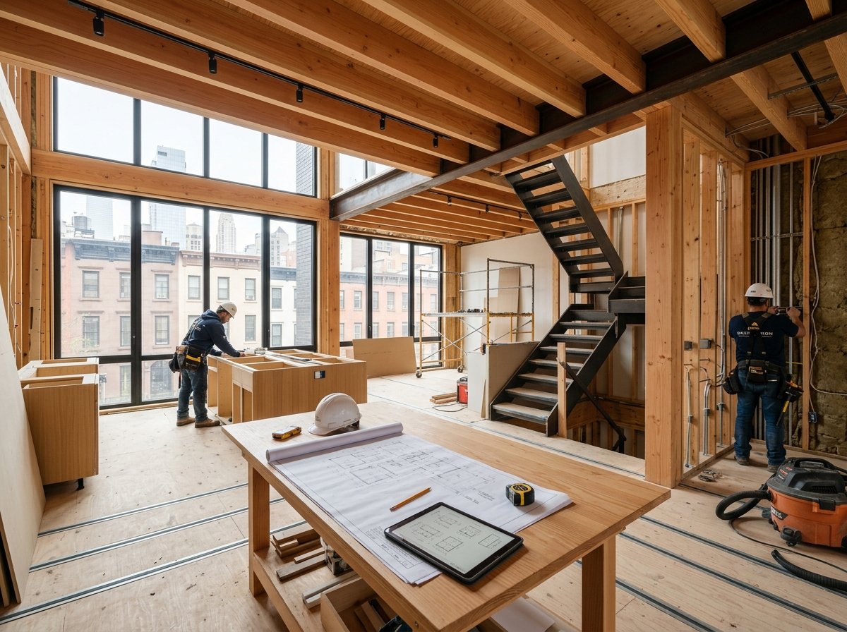 Sanchez Development general contracting execution in New York with architectural framing, blueprints, and multi-trade coordination